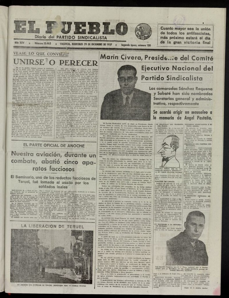 Miniatura de El Pueblo : Diario republicano de Valencia del 29 de diciembre de 1937, nº 15.463