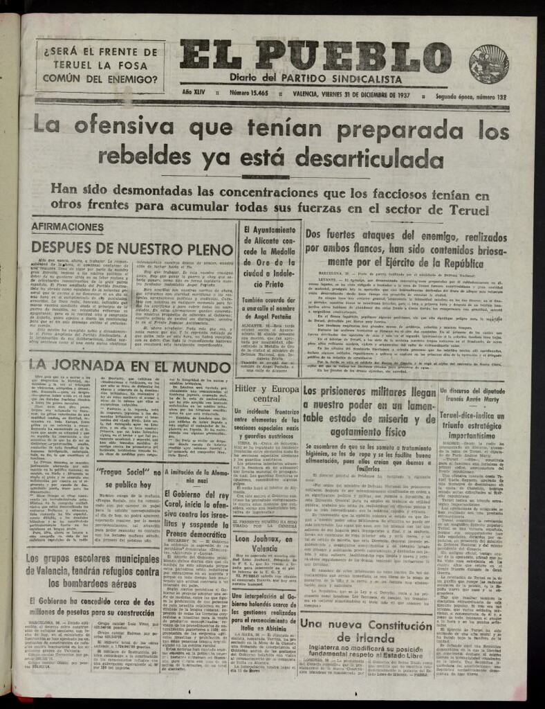 Miniatura de El Pueblo : Diario republicano de Valencia del 31 de diciembre de 1937, nº 15.465