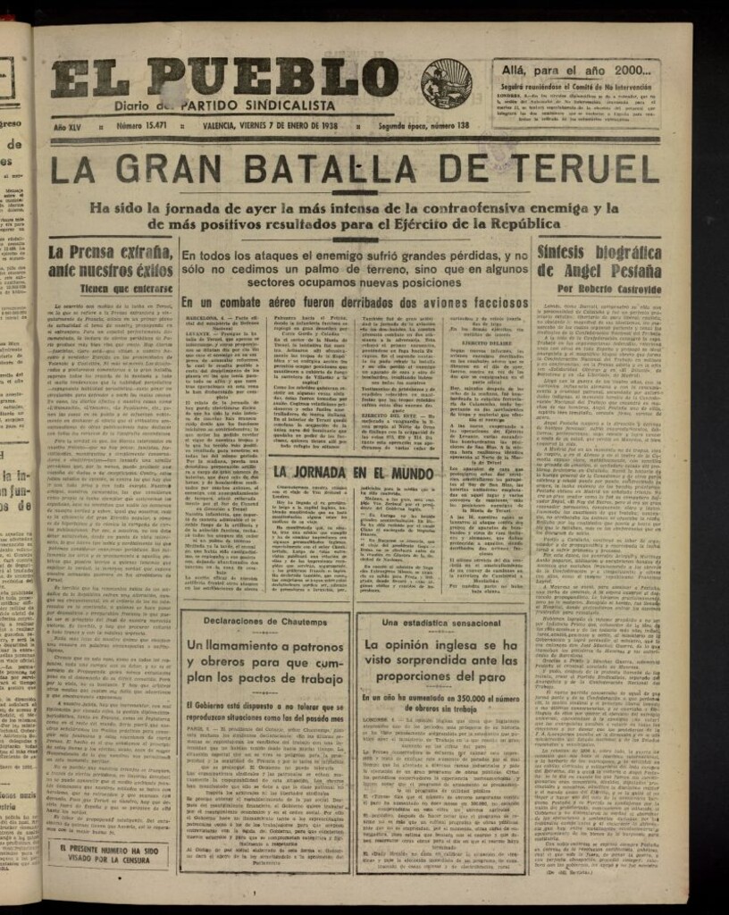 Miniatura de El Pueblo : Diario republicano de Valencia del 7 de enero de 1938, nº 15.471