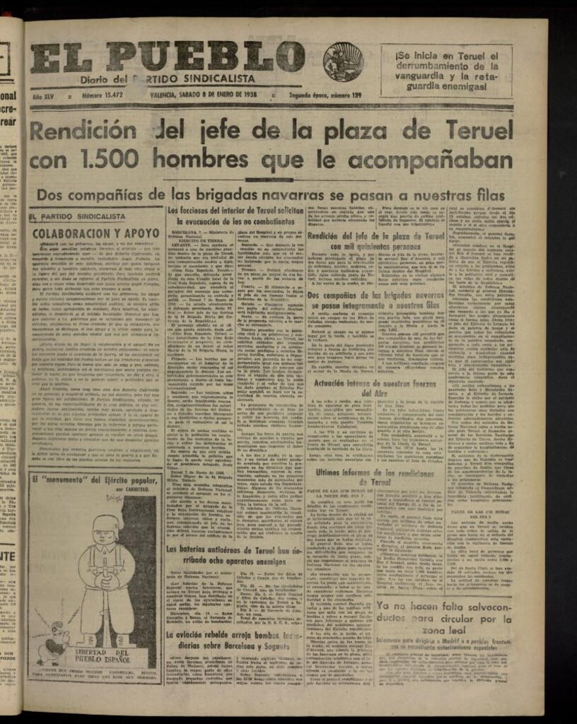 Miniatura de El Pueblo : Diario republicano de Valencia del 8 de enero de 1938, nº 15.472