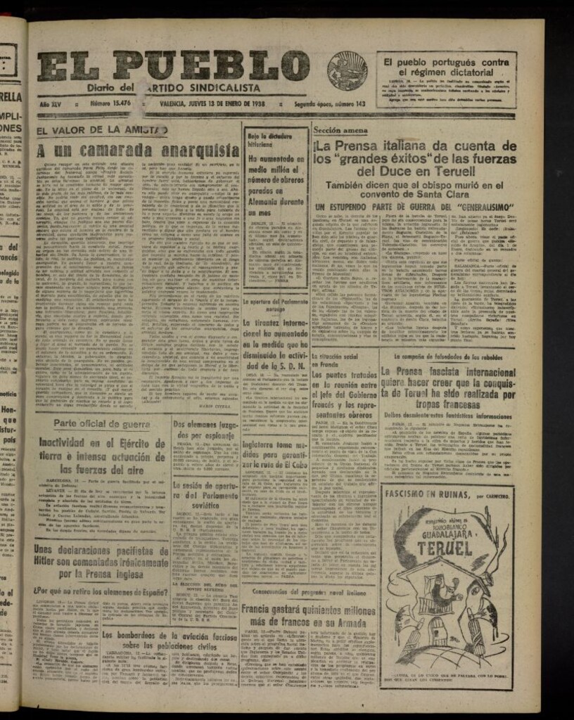 Miniatura de El Pueblo : Diario republicano de Valencia del 13 de enero de 1938, nº 15.476
