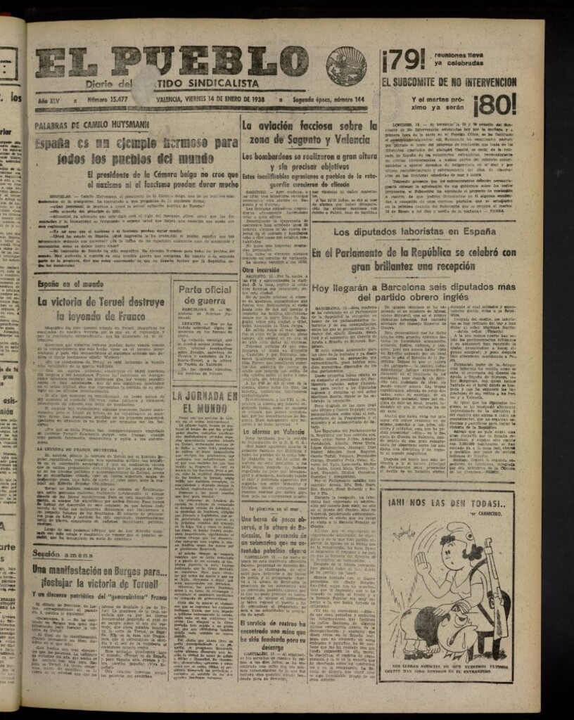 Miniatura de El Pueblo : Diario republicano de Valencia del 14 de enero de 1938, nº 15.477