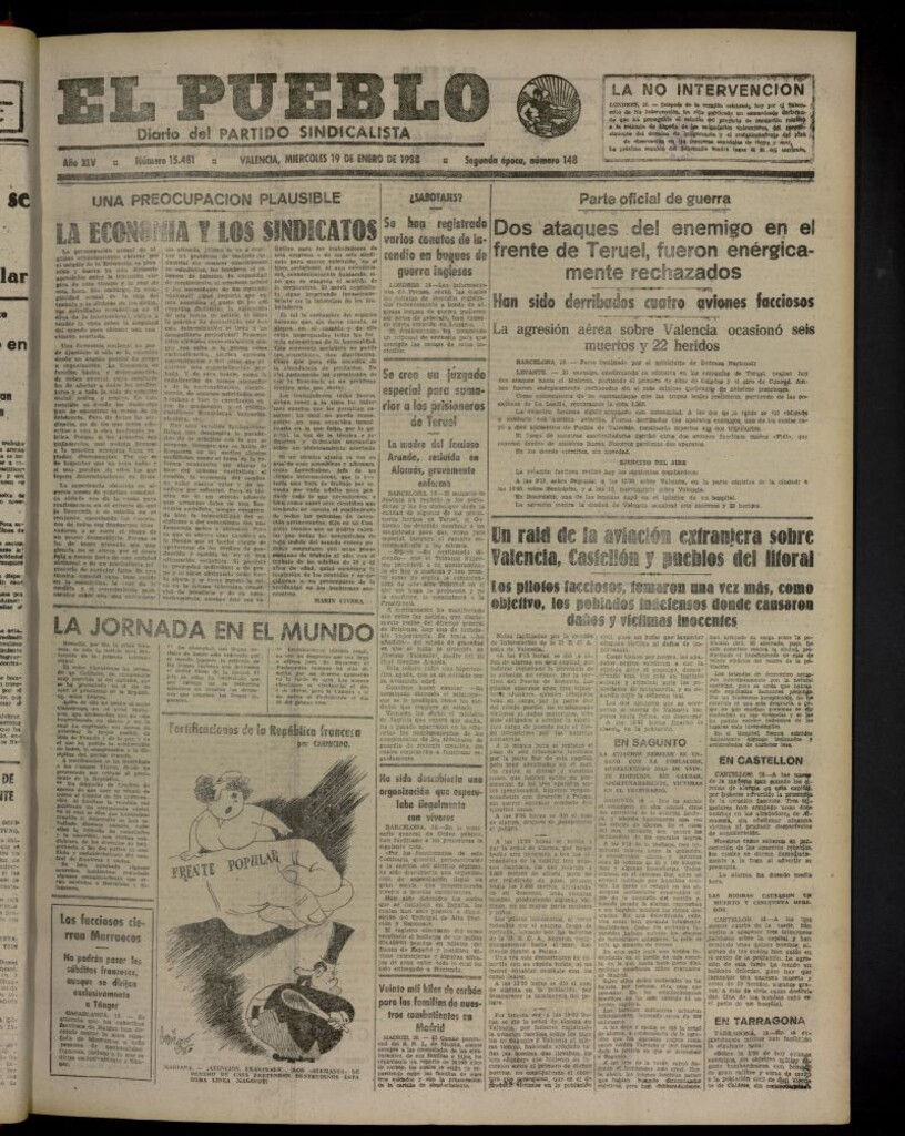 Miniatura de El Pueblo : Diario republicano de Valencia del 19 de enero de 1938, nº 15.481