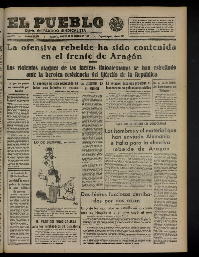 Miniatura de El Pueblo : Diario republicano de Valencia del 22 de marzo de 1938, nº 15.534