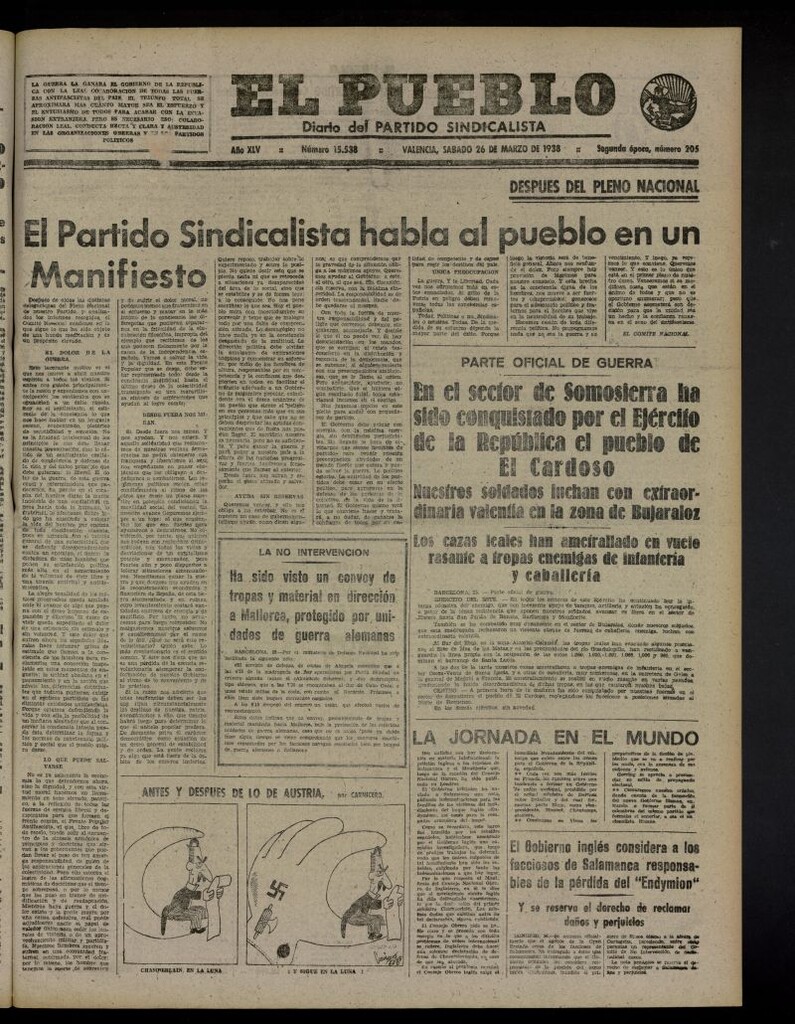 Miniatura de El Pueblo : Diario republicano de Valencia del 26 de marzo de 1938, nº 15.538