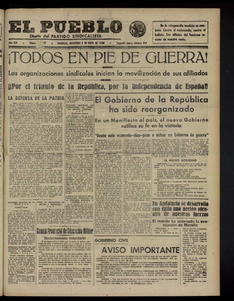 Miniatura de El Pueblo : Diario republicano de Valencia del 6 de abril de 1938, nº 15.547