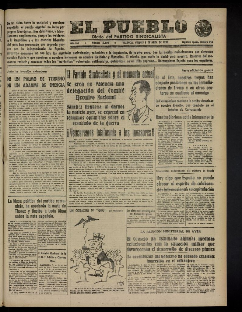 Miniatura de El Pueblo : Diario republicano de Valencia del 8 de abril de 1938, nº 15.549