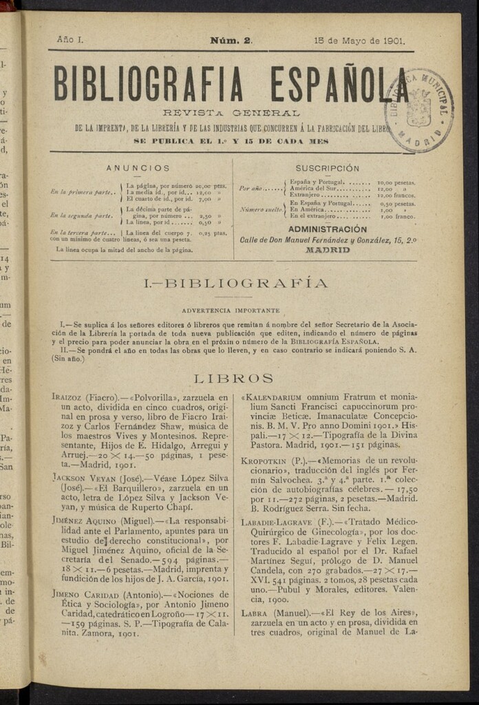 Miniatura de Bibliografía Española del 15 de mayo de 1901