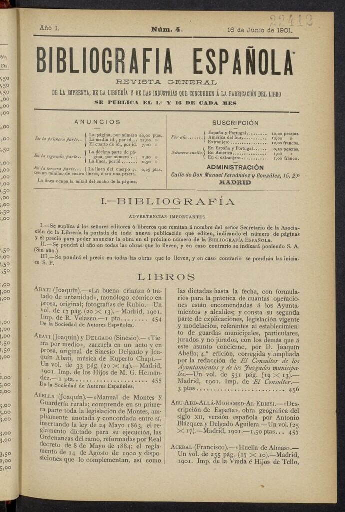 Miniatura de Bibliografía Española del 16 de junio de 1901