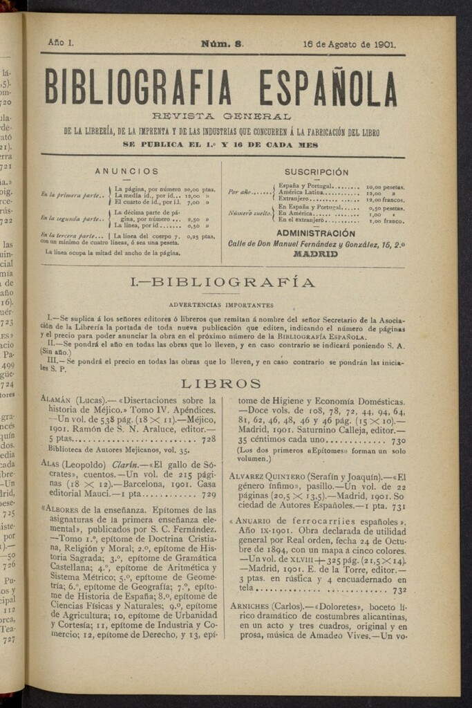 Miniatura de Bibliografía Española del 16 de agosto de 1901