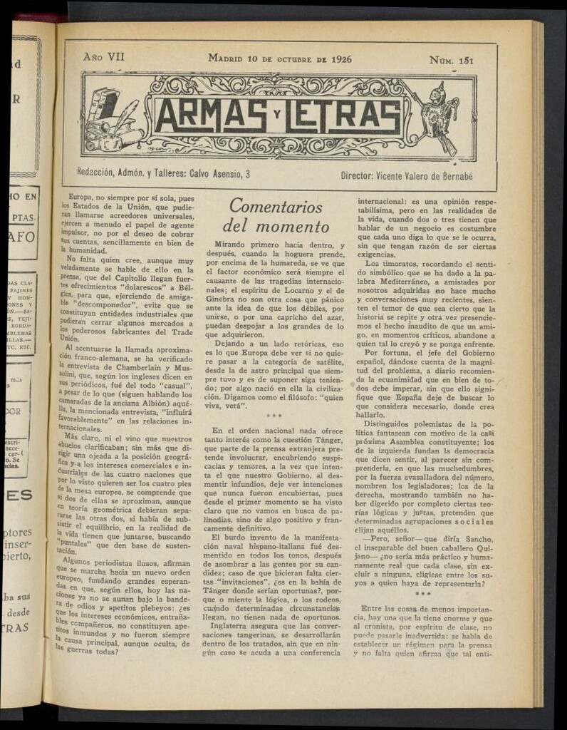 Miniatura de Armas y Letras: revista mensual ilustrada del 10 de octubre de 1926, nº 151