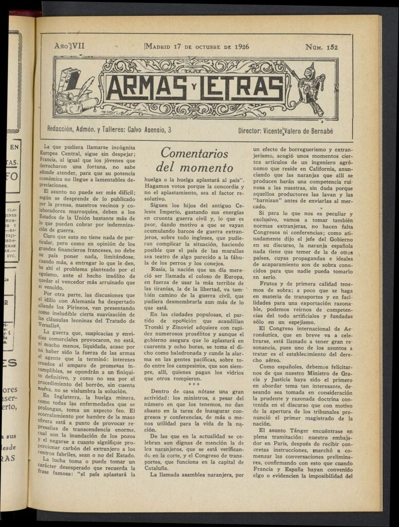Miniatura de Armas y Letras: revista mensual ilustrada del 17 de octubre de 1926, nº 152