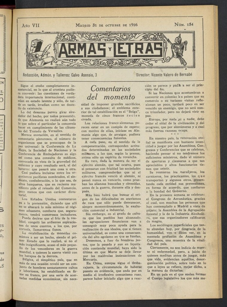 Miniatura de Armas y Letras: revista mensual ilustrada del 31 de octubre de 1926, nº 154
