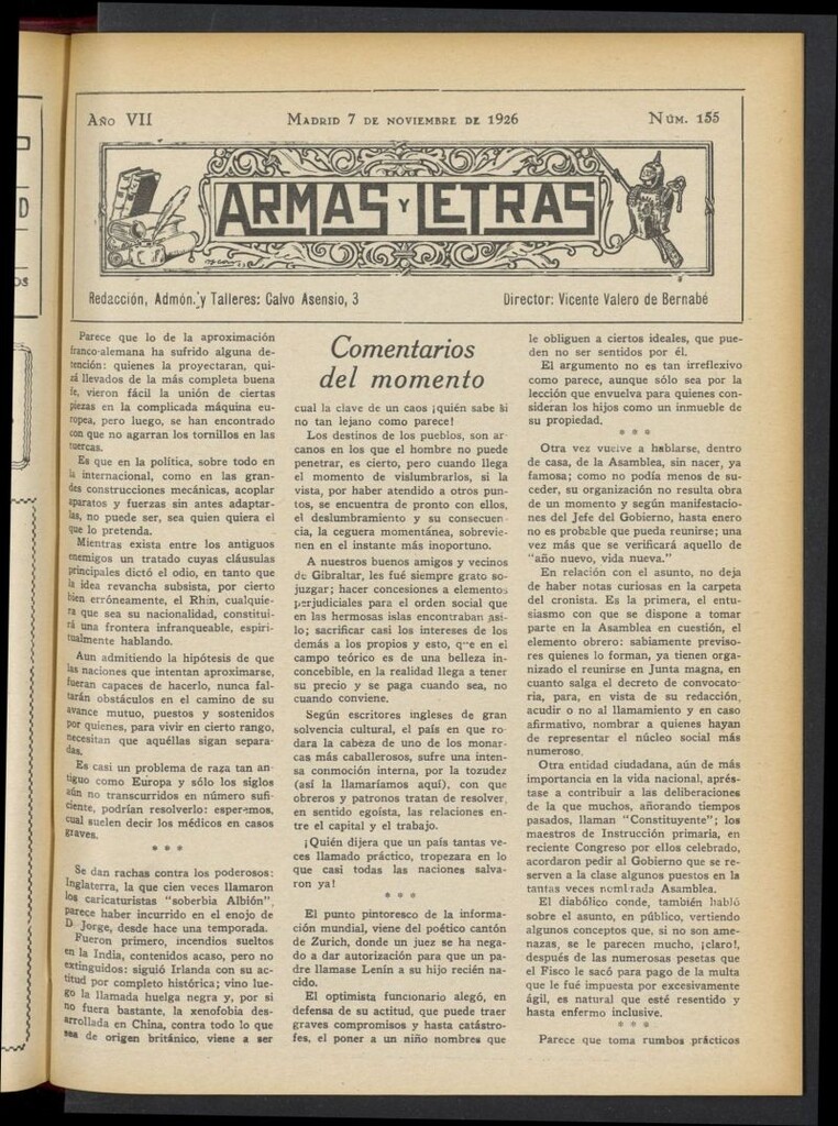 Miniatura de Armas y Letras: revista mensual ilustrada del 7 de noviembre de 1926, nº 155