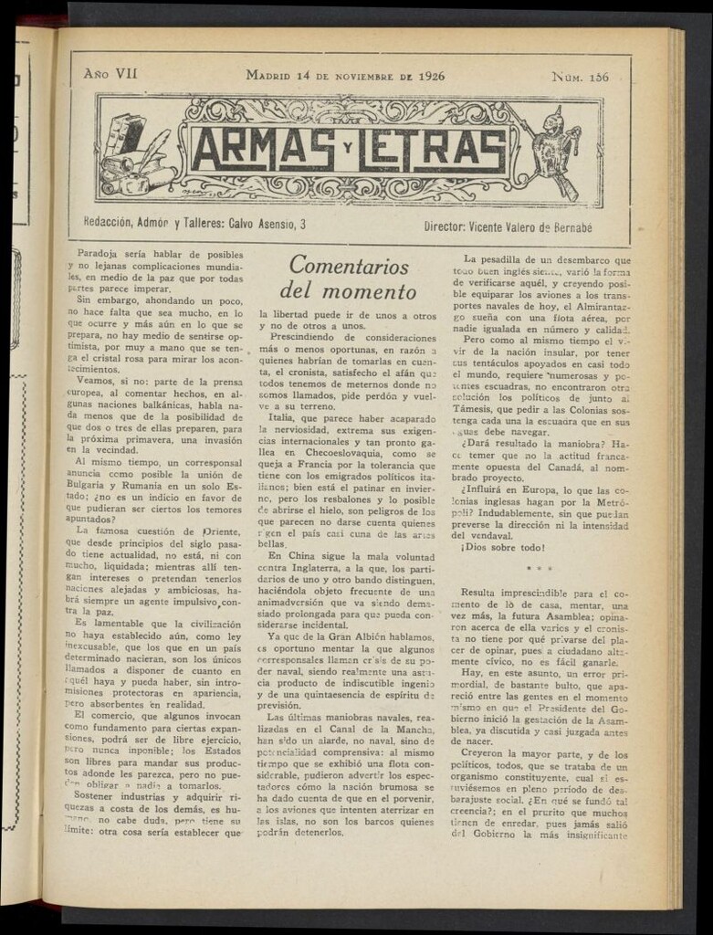 Miniatura de Armas y Letras: revista mensual ilustrada del 14 de noviembre de 1926, nº 156