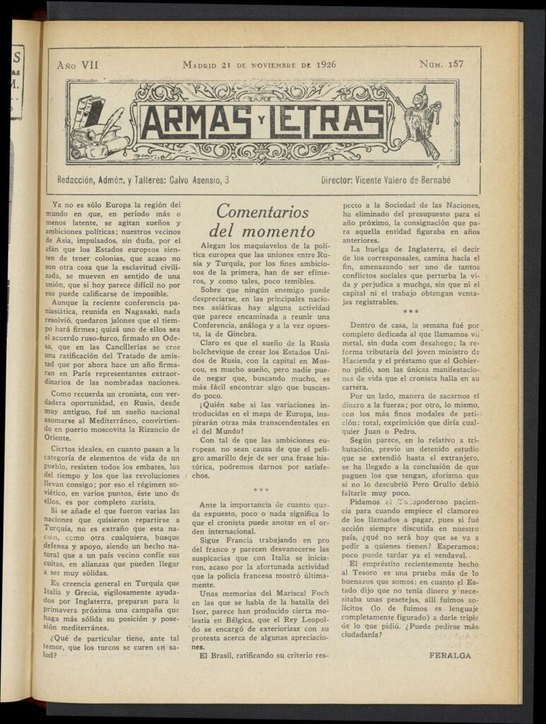 Miniatura de Armas y Letras: revista mensual ilustrada del 21 de noviembre de 1926, nº 157