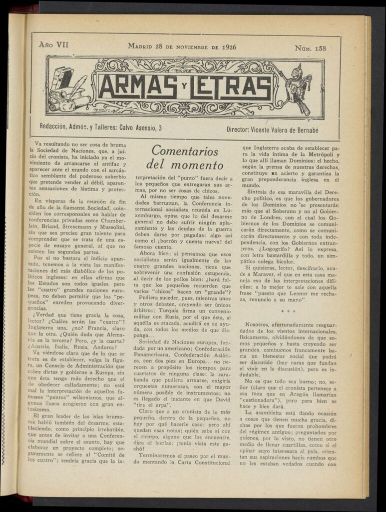 Miniatura de Armas y Letras: revista mensual ilustrada del 28 de noviembre de 1926, nº 158