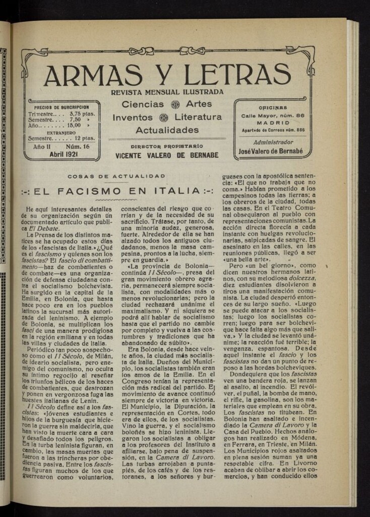 Miniatura de Armas y Letras: revista mensual ilustrada de abril de 1921, nº 16