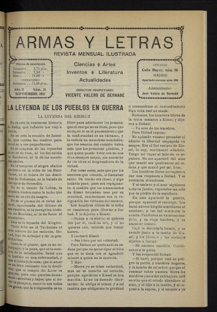 Miniatura de Armas y Letras: revista mensual ilustrada de septiembre de 1921, nº 21