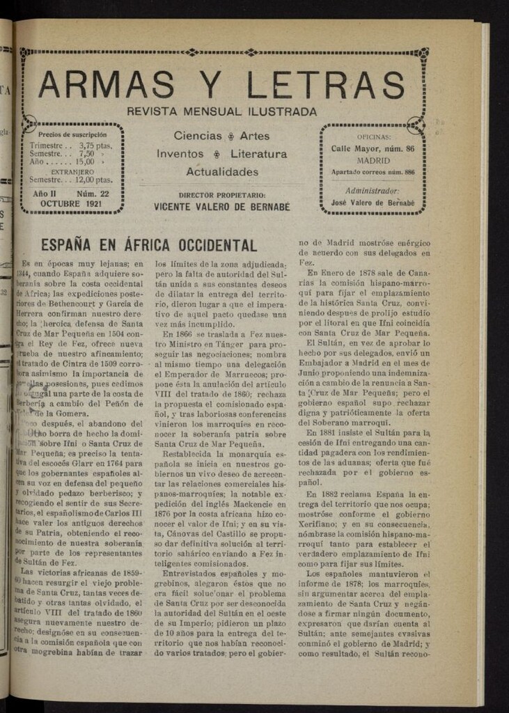 Miniatura de Armas y Letras: revista mensual ilustrada de octubre de 1921, nº 22