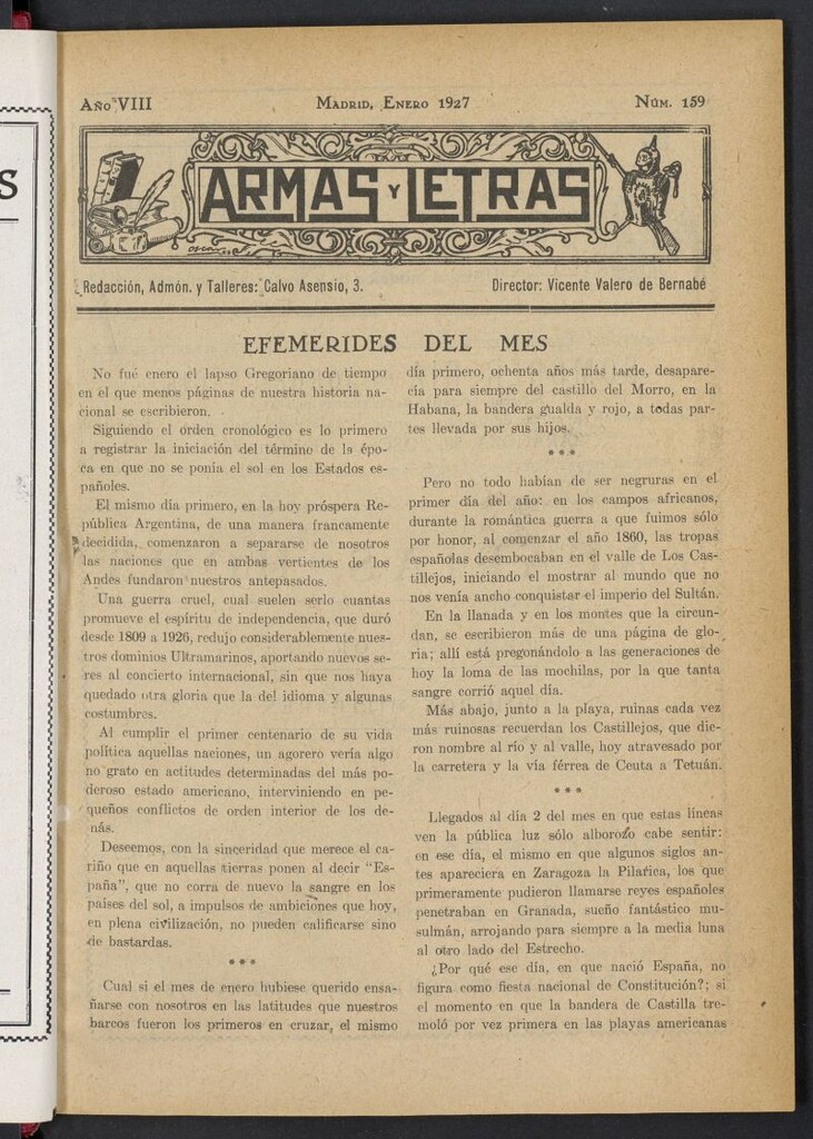 Miniatura de Armas y Letras: revista mensual ilustrada de enero de 1927, nº 159