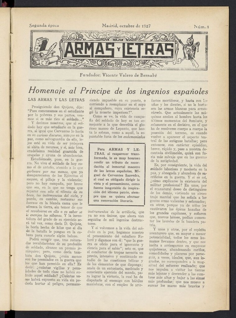 Miniatura de Armas y Letras: revista mensual ilustrada de octubre de 1927, nº 1