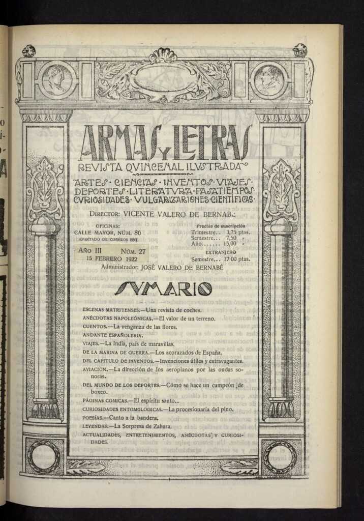 Miniatura de Armas y Letras: revista mensual ilustrada del 15 de febrero de 1922, nº 27