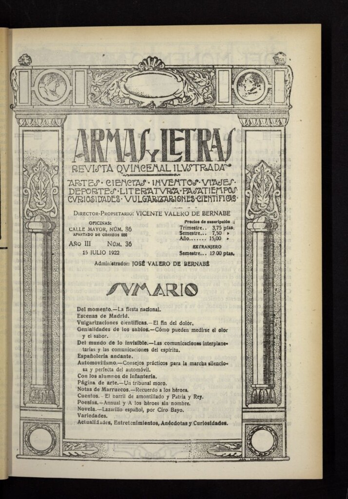 Miniatura de Armas y Letras: revista mensual ilustrada del 15 de julio de 1922, nº 36