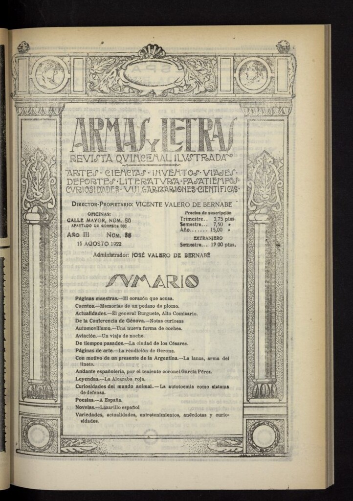 Miniatura de Armas y Letras: revista mensual ilustrada del 15 de agosto de 1922, nº 38