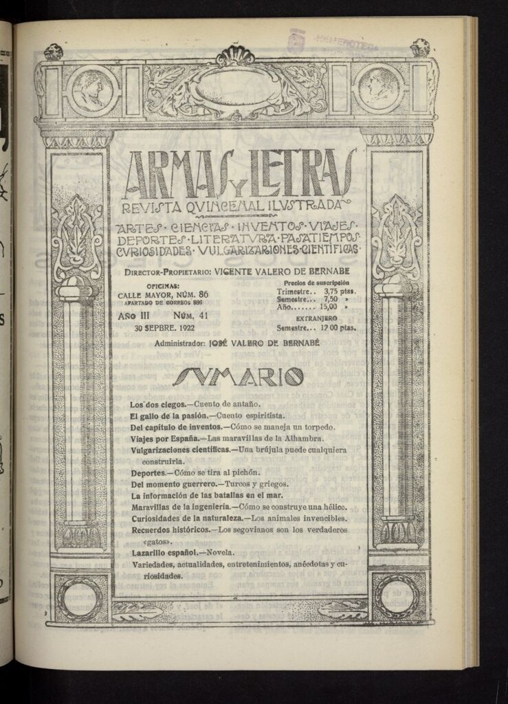 Miniatura de Armas y Letras: revista mensual ilustrada del 30 de septiembre de 1922, nº 41