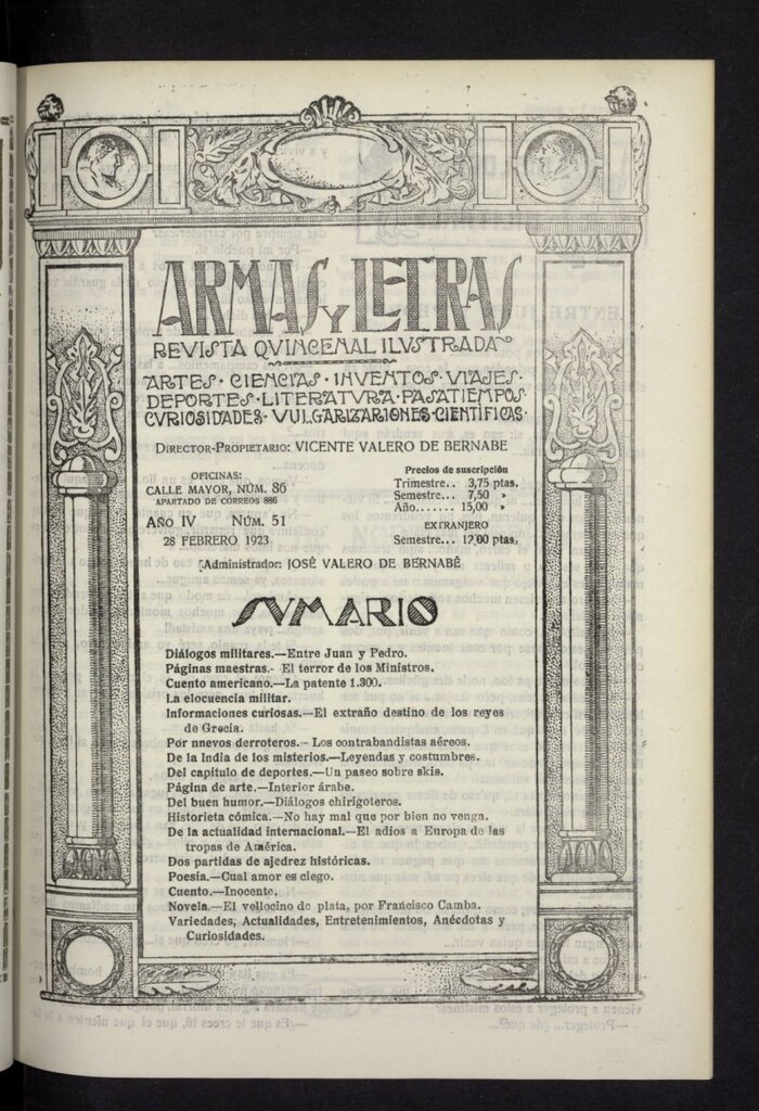 Miniatura de Armas y Letras: revista mensual ilustrada del 28 de febrero de 1923, nº 51