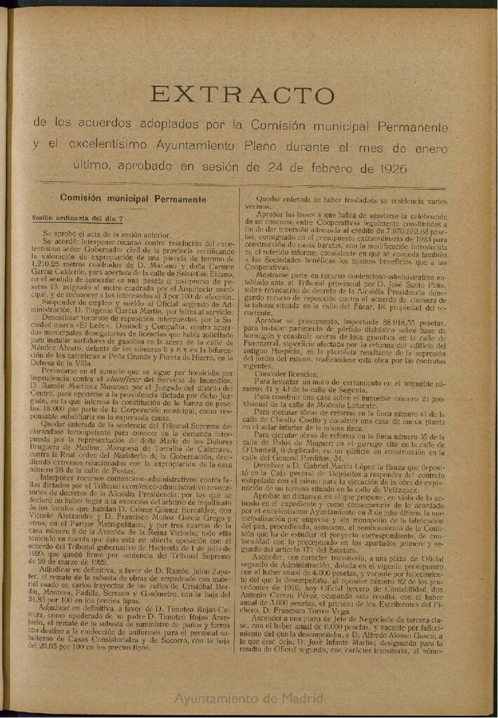 Miniatura de Boletín Oficial del Ayuntamiento de Madrid: Extracto de los acuerdos adoptados por la Comisión municipal Permanente y por el Ayuntamiento Pleno, durante el mes de enero último, aprobado en sesión de 24 de febrero de 1926.