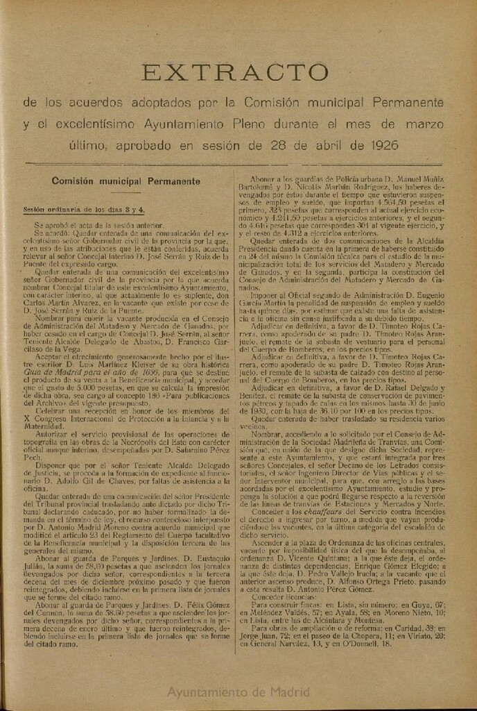Miniatura de Boletín Oficial del Ayuntamiento de Madrid: Extracto de los acuerdos adoptados por la Comisión municipal Permanente y por el Ayuntamiento Pleno, durante el mes de marzo último, aprobado en sesión de 28 de abril de 1926.