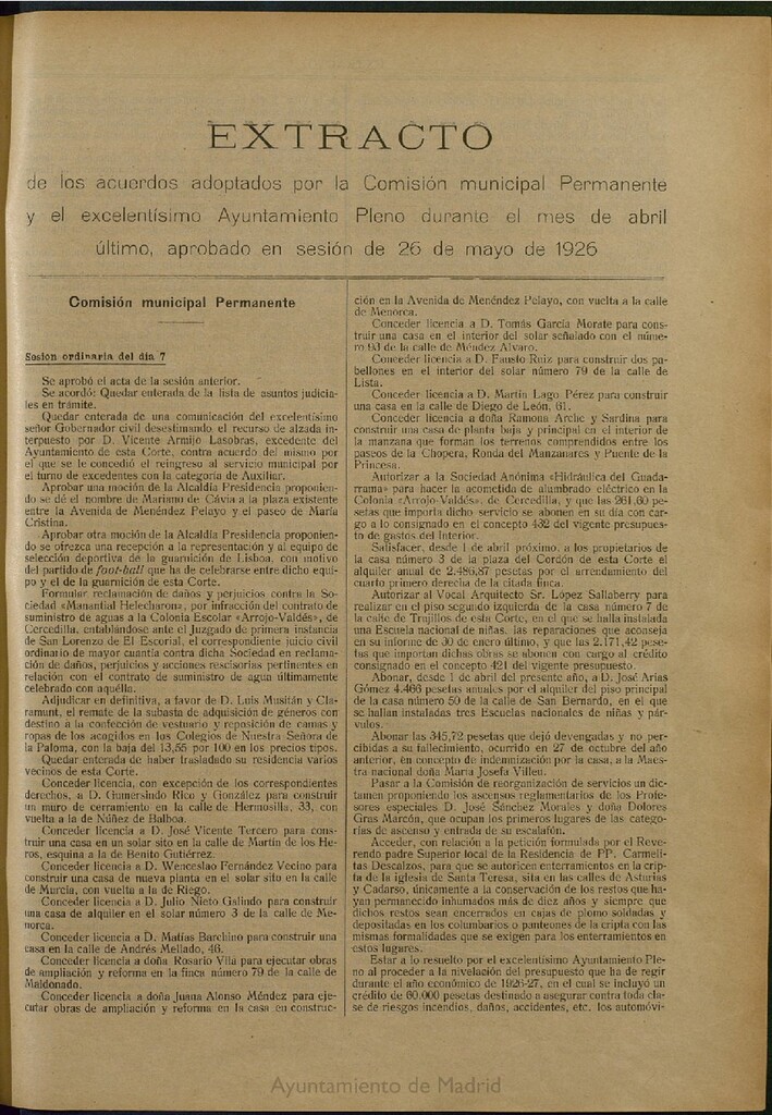 Miniatura de Boletín Oficial del Ayuntamiento de Madrid: Extracto de los acuerdos adoptados por la Comisión municipal Permanente y por el Ayuntamiento Pleno, durante el mes de abril último, aprobado en sesión de 26 de mayo de 1926.