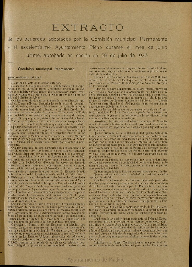 Miniatura de Boletín Oficial del Ayuntamiento de Madrid: Extracto de los acuerdos adoptados por la Comisión municipal Permanente y por el Ayuntamiento Pleno, durante el mes de junio último, aprobado en sesión de 28 de julio de 1926.