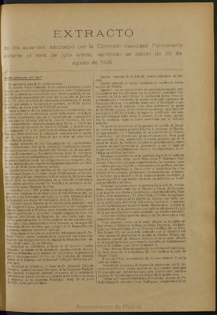 Miniatura de Boletín Oficial del Ayuntamiento de Madrid: Extracto de los acuerdos adoptados por la Comisión municipal Permanente y por el Ayuntamiento Pleno, durante el mes de julio último, aprobado en sesión de 25 de agosto de 1926.