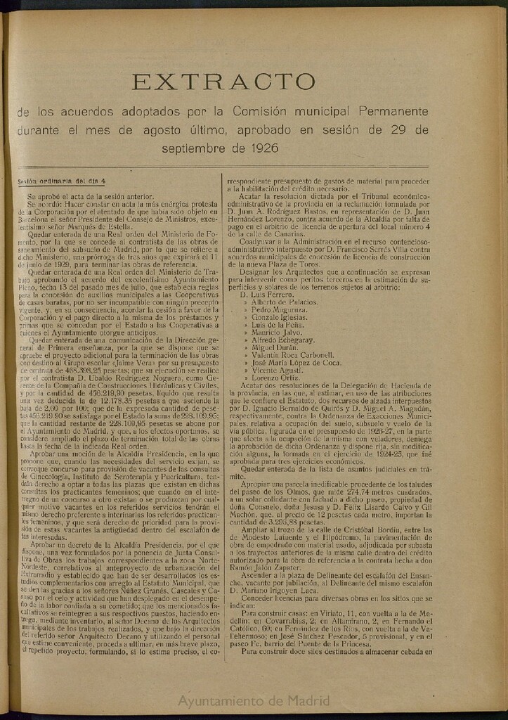 Miniatura de Boletín Oficial del Ayuntamiento de Madrid: Extracto de los acuerdos adoptados por la Comisión municipal Permanente y por el Ayuntamiento Pleno, durante el mes de agosto último, aprobado en sesión de 29 de septiembre de 1926.
