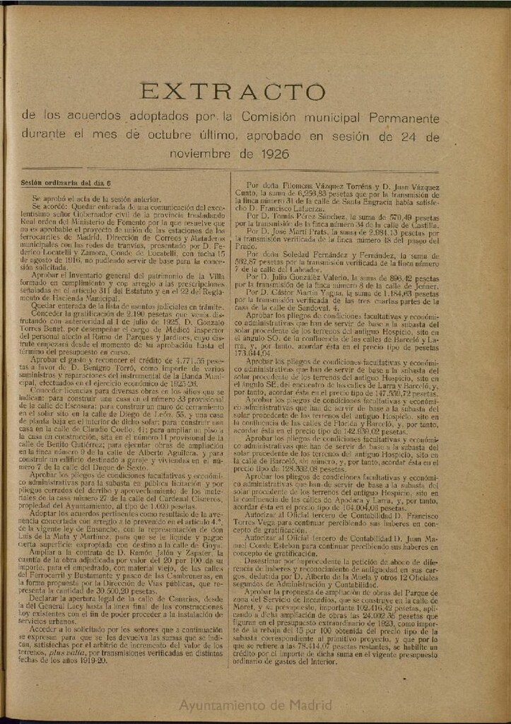 Miniatura de Boletín Oficial del Ayuntamiento de Madrid: Extracto de los acuerdos adoptados por la Comisión municipal Permanente, durante el mes de octubre último, aprobado en sesión de 24 de noviembre de 1926.