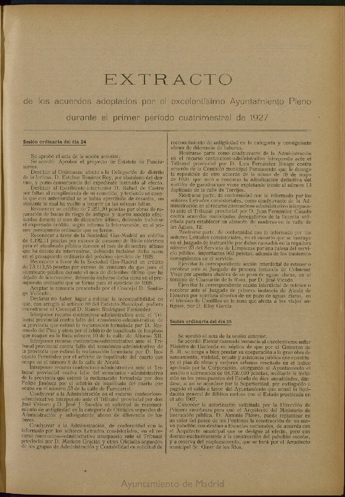 Miniatura de Boletín Oficial del Ayuntamiento de Madrid: Extracto de los acuerdos adoptados por el excelentísimo Ayuntamiento Pleno, durante el primer período cuatrimestral de 1927.