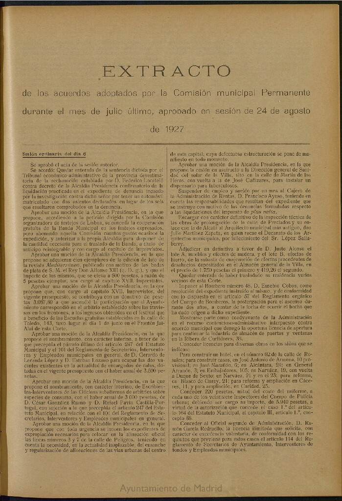 Miniatura de Boletín Oficial del Ayuntamiento de Madrid: Extracto de los acuerdos adoptados por la Comisión municipal Permanente, durante el mes de julio último, aprobado en sesión de 24 de agosto de 1927.
