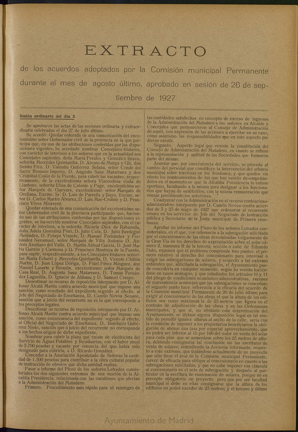 Miniatura de Boletín Oficial del Ayuntamiento de Madrid: Extracto de los acuerdos adoptados por la Comisión municipal Permanente, durante el mes de agosto último, aprobado en sesión de 28 de septiembre de 1927.