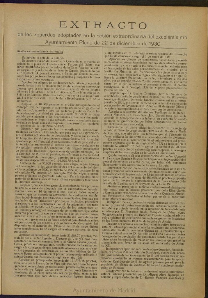 Miniatura de Boletín Oficial del Ayuntamiento de Madrid: Extracto de los acuerdos adoptados en la sesión extraordinaria del excelentísimo Ayuntamiento Pleno de 22 de diciembre de 1930.