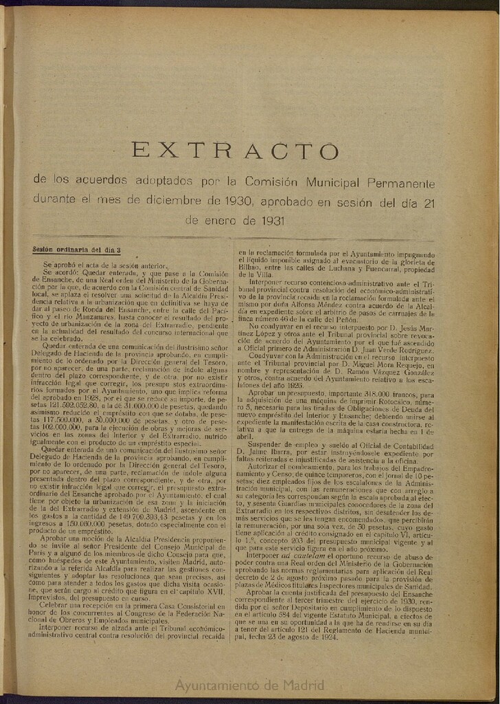 Miniatura de Boletín Oficial del Ayuntamiento de Madrid: Extracto de los acuerdos adoptados por la Comisión municipal Permanente durante el mes de diciembre de 1930, aprobado en sesión de 21 de enero de 1931.