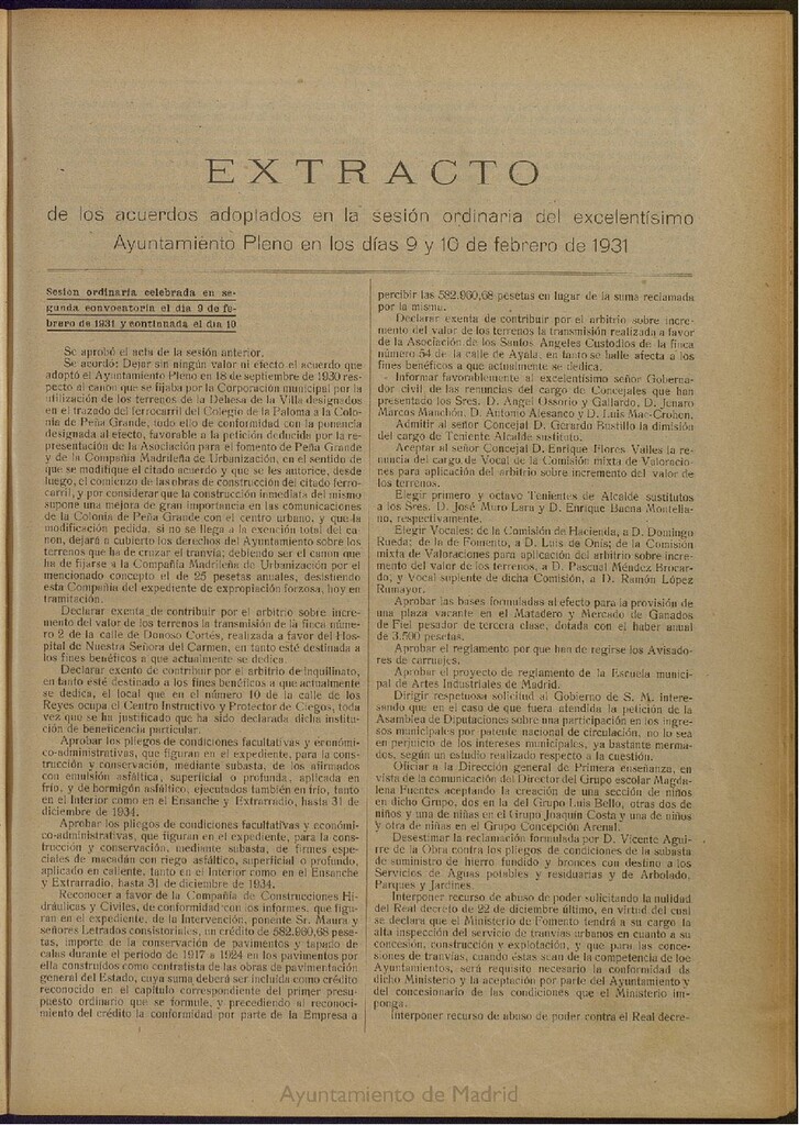 Miniatura de Boletín Oficial del Ayuntamiento de Madrid: Extracto de los acuerdos adoptados en la sesión ordinaria del excelentísimo Ayuntamiento Pleno en los días 9 y 10 de febrero de 1931.