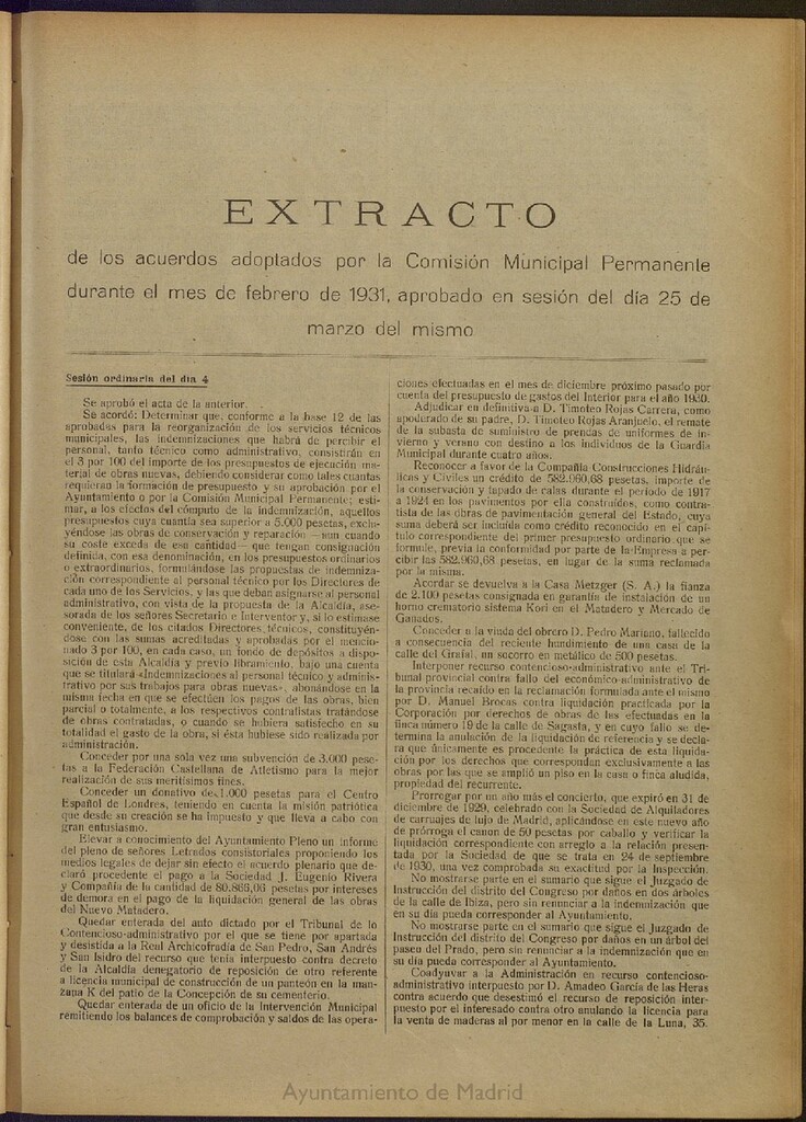 Miniatura de Boletín Oficial del Ayuntamiento de Madrid: Extracto de los acuerdos adoptados por la Comisión municipal Permanente durante el mes de febrero de 1931, aprobado en sesión del día 25 de marzo del mismo.