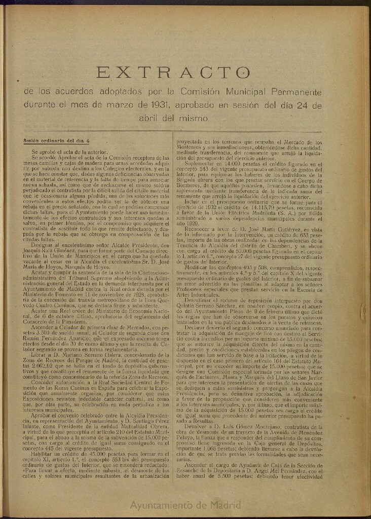 Miniatura de Boletín Oficial del Ayuntamiento de Madrid: Extracto de los acuerdos adoptados por la Comisión municipal Permanente durante el mes de marzo de 1931, aprobado en sesión de 24 de abril del mismo.