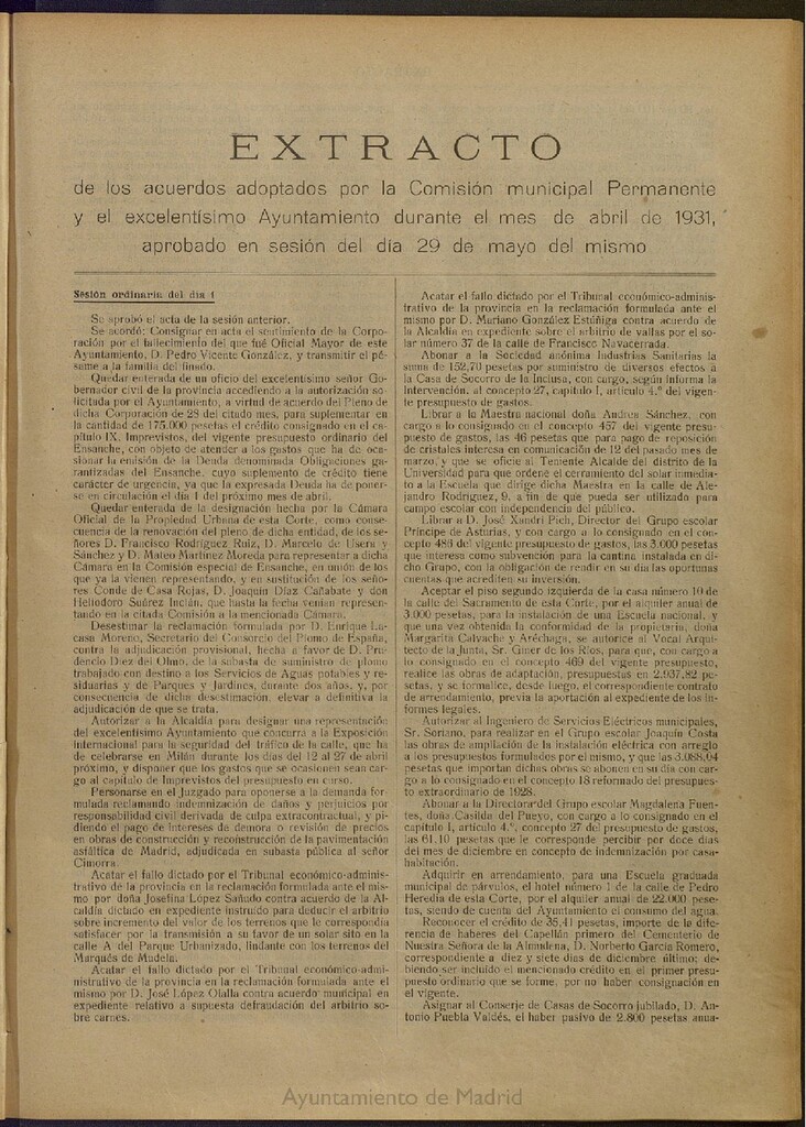 Miniatura de Boletín Oficial del Ayuntamiento de Madrid: Extracto de los acuerdos adoptados por la Comisión municipal Permanente y el excelentísimo Ayuntamiento Pleno, durante el mes de abril de 1931, aprobado en sesión de 29 de mayo del mismo.