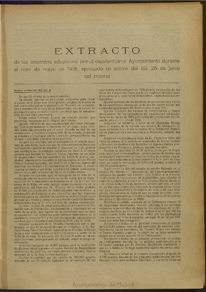 Miniatura de Boletín Oficial del Ayuntamiento de Madrid: Extracto de los acuerdos adoptados por el excelentísimo Ayuntamiento Pleno, durante el mes de mayo de 1931, aprobado en sesión de 26 de junio del mismo.