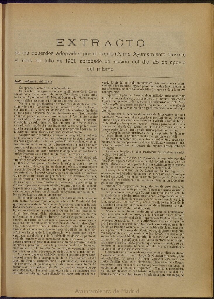 Miniatura de Boletín Oficial del Ayuntamiento de Madrid: Extracto de los acuerdos adoptados por el excelentísimo Ayuntamiento Pleno, durante el mes de julio de 1931, aprobado en sesión de 28 de agosto del mismo.