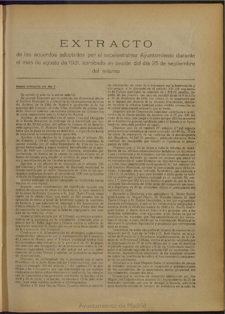 Miniatura de Boletín Oficial del Ayuntamiento de Madrid: Extracto de los acuerdos adoptados por el excelentísimo Ayuntamiento Pleno, durante el mes de agosto de 1931, aprobado en sesión de 25 de septiembre del mismo.
